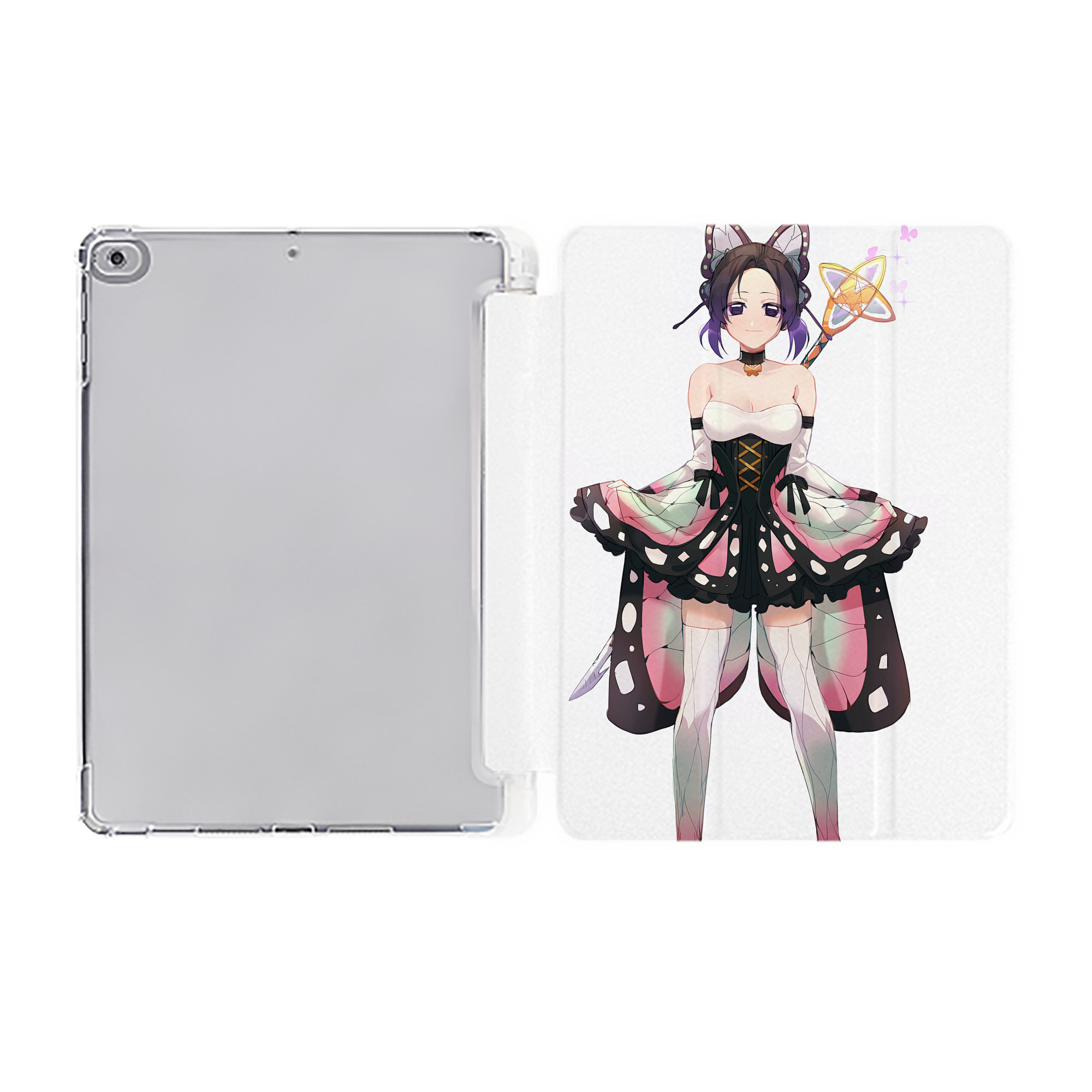 （画像用） 鬼滅の刃（きめつのやいば）蟲柱-胡蝶 しのぶ／こちょう しのぶ Kochou Shinobu IPad ケース ペン収納付き 三つ折りスタンド PUレザー×シリコン 対応機種9.5/10.5/10.9インチ
